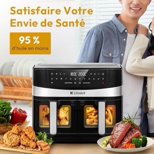 LLIVEKIT Friteuse sans huile 10L, 2 cavités 12-en-1 avec rôtissoire