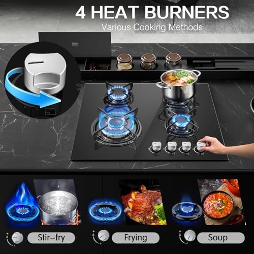 TopStrong Plaque de cuisson gaz 4 feux verre noir
