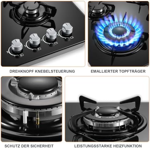 TopStrong Plaque de cuisson gaz 4 feux verre noir