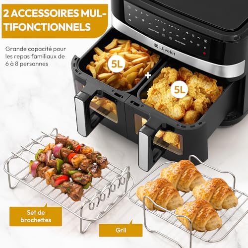 LLIVEKIT Friteuse sans huile 10L, 2 cavités 12-en-1 avec rôtissoire