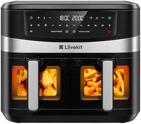 LLIVEKIT Friteuse sans huile 10L, 2 cavités 12-en-1 avec rôtissoire
